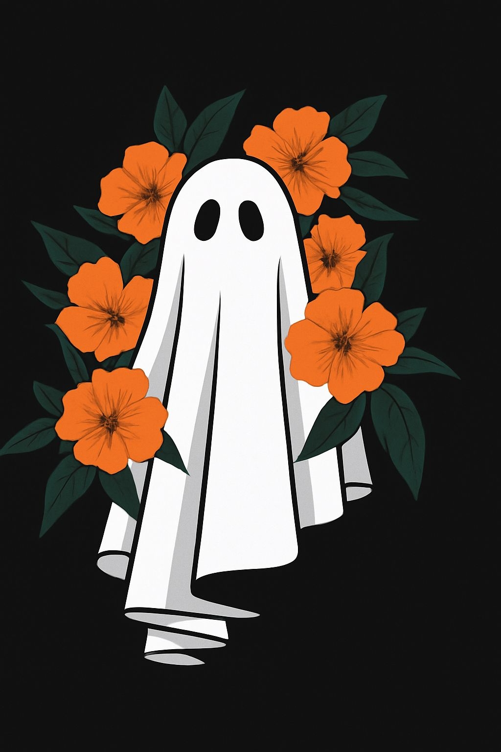 Eerie Ghost Among Vibrant Orange Flowers Illustration T-Shirt