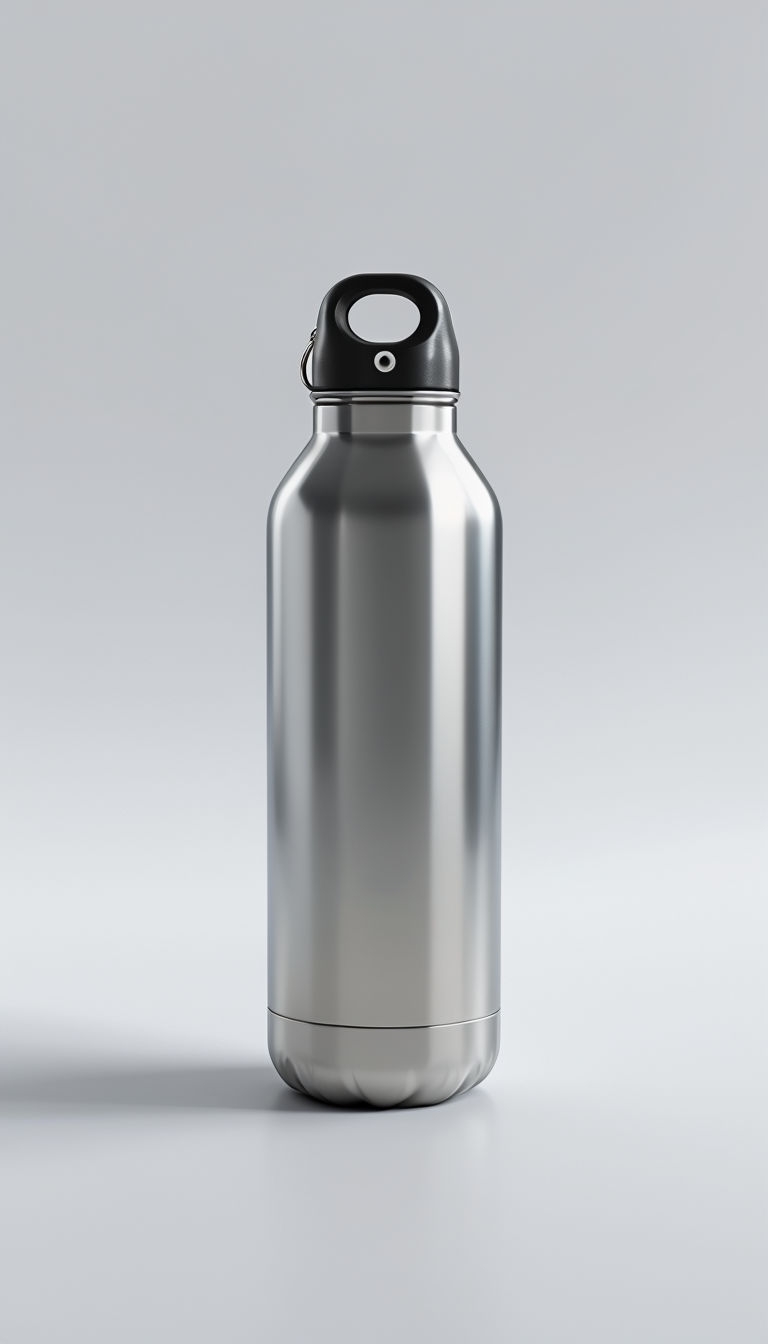 Sleek Metallic Silver Water Bottle with Reflective Surface Mockup