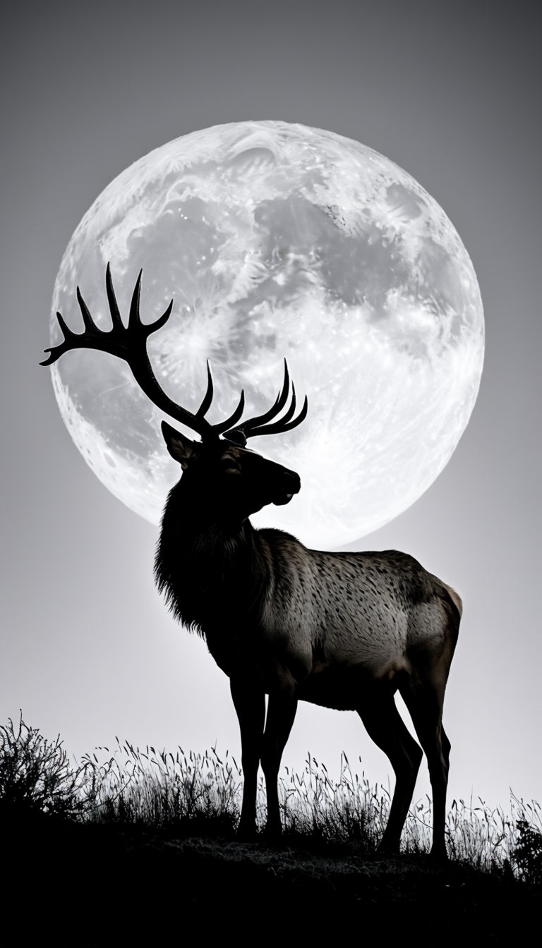 Majestic Elk Silhouette Against Full Moon Black and White Mobile Wallpaper