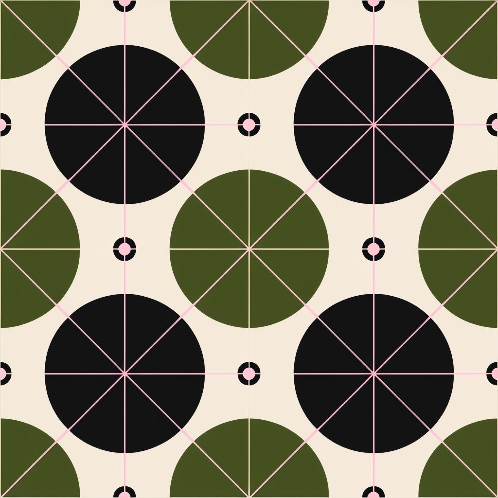 Modern Geometric Black Green Circles with Pink Lines Seamless Pattern
