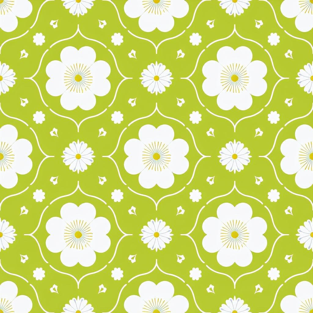 Vibrant Symmetrical Floral Motifs Pattern on Lime Green Background Seamless Pattern