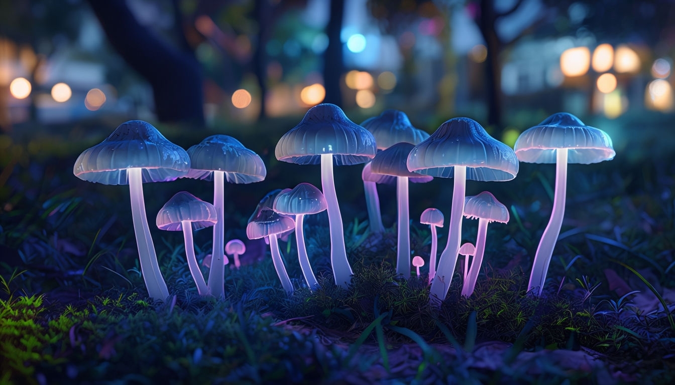 Illuminated Neon Pink Mushrooms Enchanting Night Scene Background