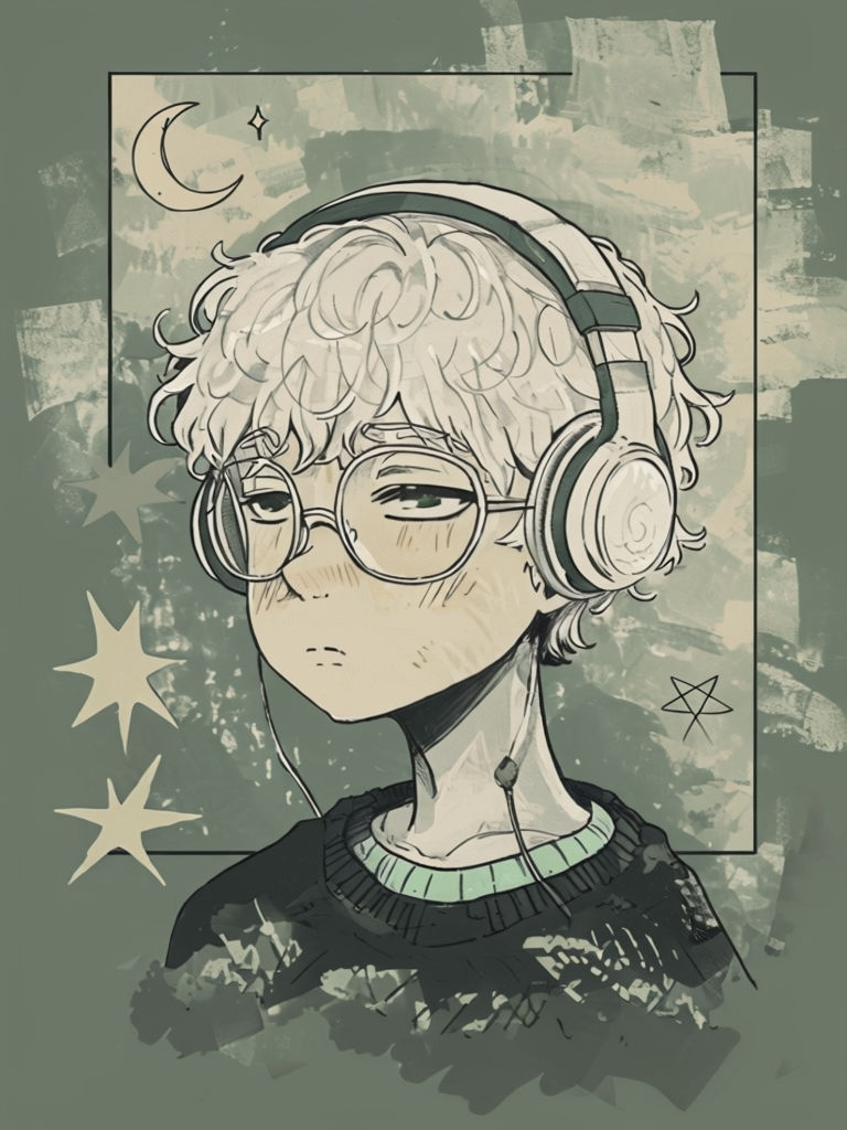 Dreamy Anime Character Illustration with Headphones and Glasses Art