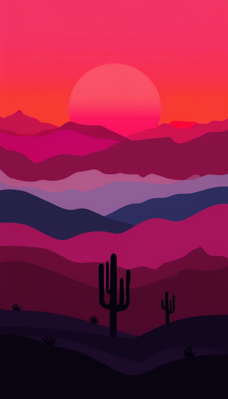 Vibrant Desert Sunset Illustration with Cacti and Mountains Mobile Wallpaper