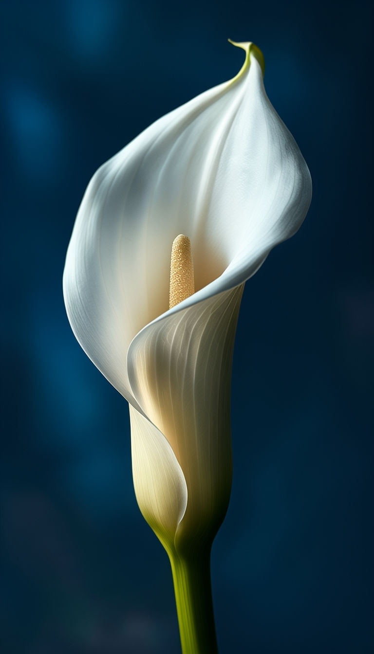 Elegant White Calla Lily Against Midnight Blue Background Mobile Wallpaper