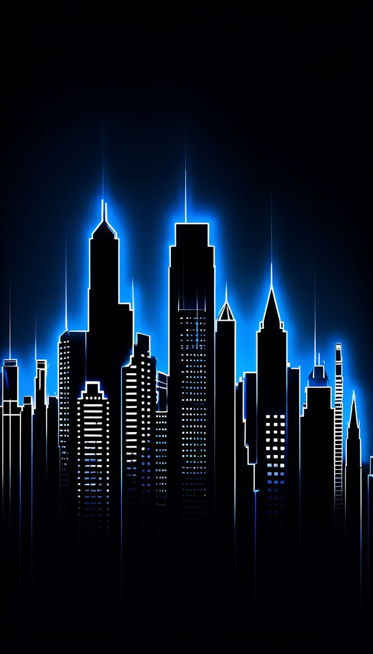 Dramatic City Skyline Silhouette with Neon Lights Mobile Wallpaper