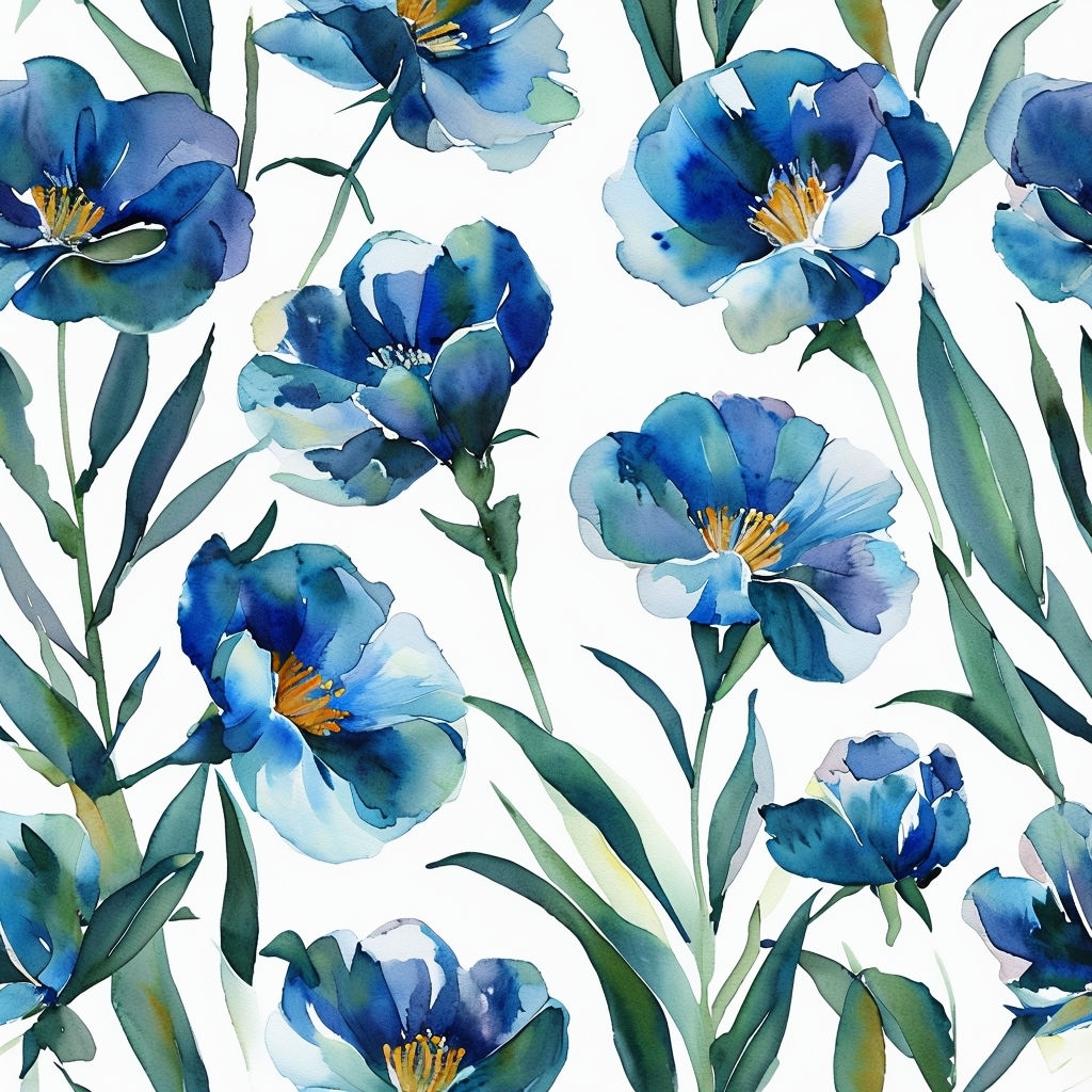 Vibrant Blue Floral Watercolor Seamless Pattern