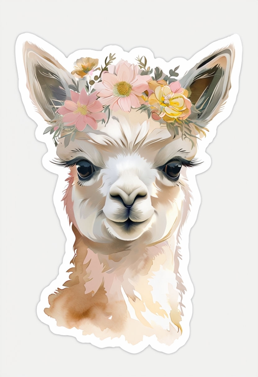 Adorable Watercolor Baby Alpaca with Flower Crown Sticker