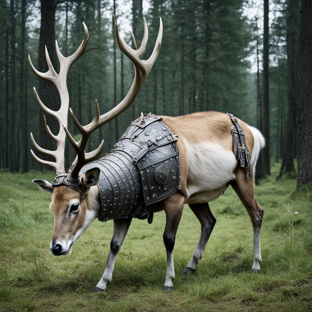 Thin old fallow-deer standing on all fours in knight's armor... by ...