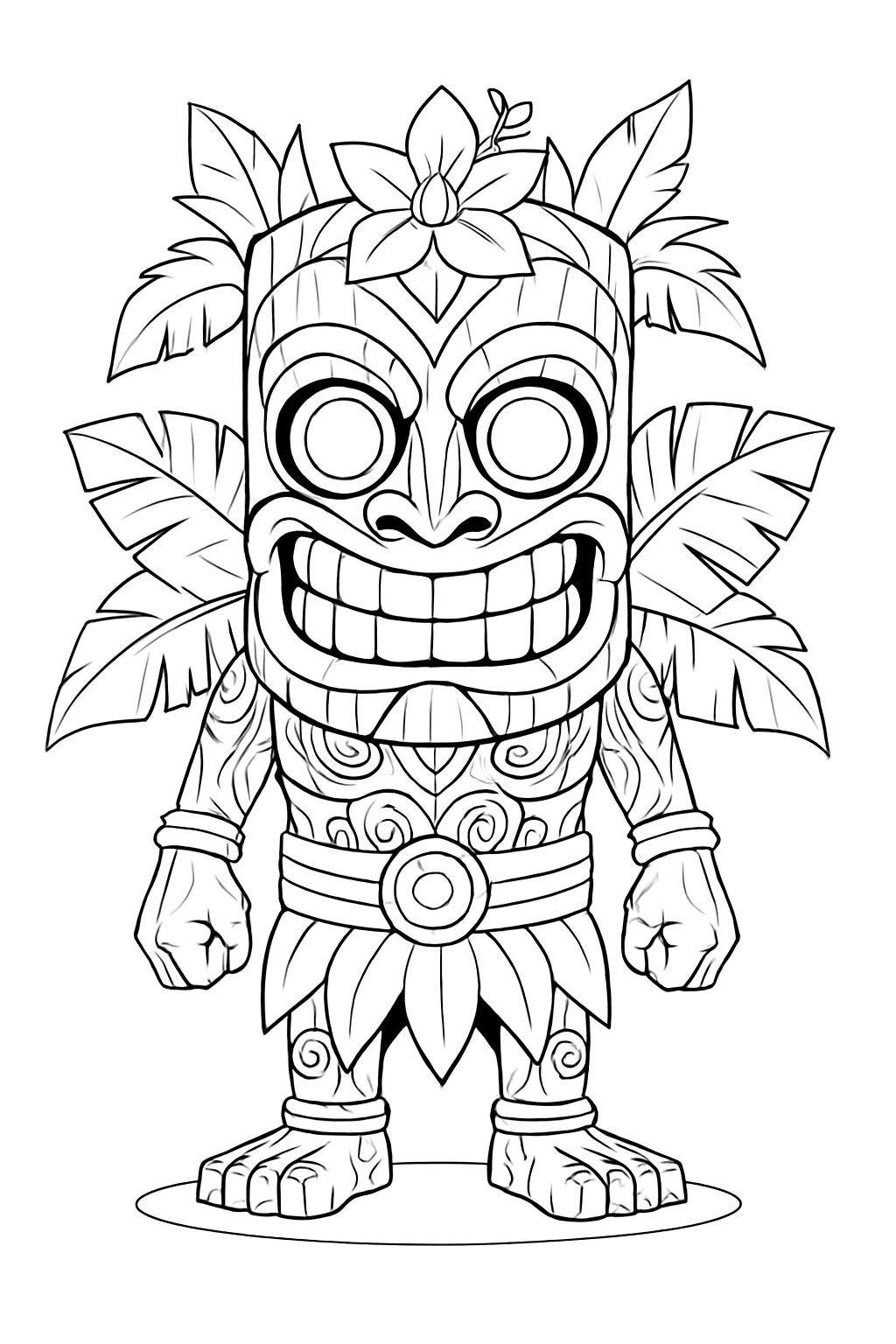 Intricate Black and White Tiki Statue Line Drawing Coloring Page