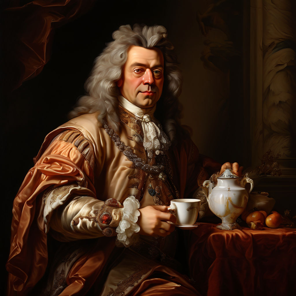 Baroque-style painting of a mid-age king in 1700s drinking f... by ...