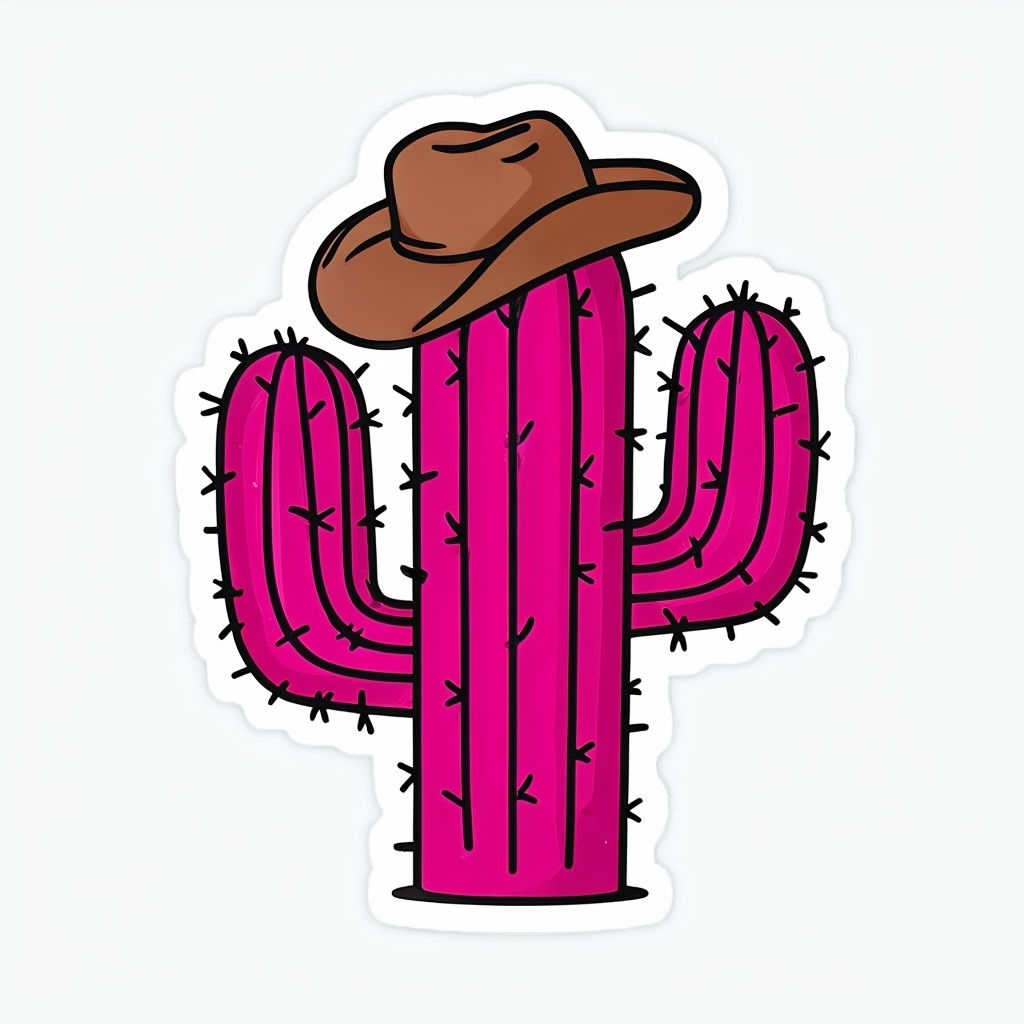 Festive Magenta Cactus with Cowboy Hat Illustration Sticker