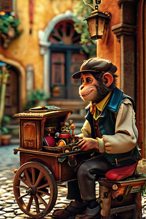 An old fashioned human organ grinder with a small monkey in ... by ...