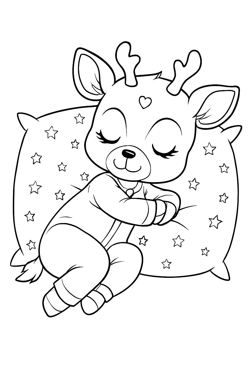 Adorable Sleeping Cartoon Deer Character Line Drawing Coloring Book Pages