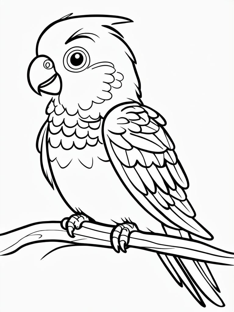 Playful Cartoon Bird Perched on Branch Line Drawing Coloring Book Pages