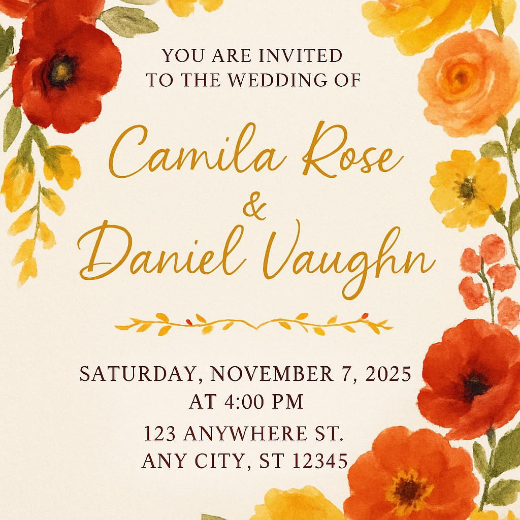 Elegant Autumn Wedding Invitation Card with Floral Watercolor Design