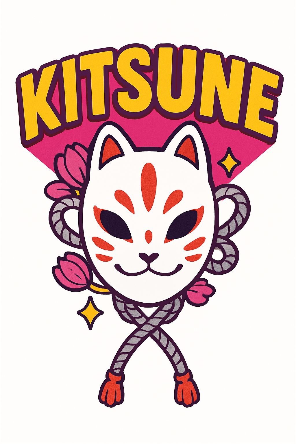 Vibrant Cartoon Kitsune Cat Mask with Lotus Flowers T-shirt