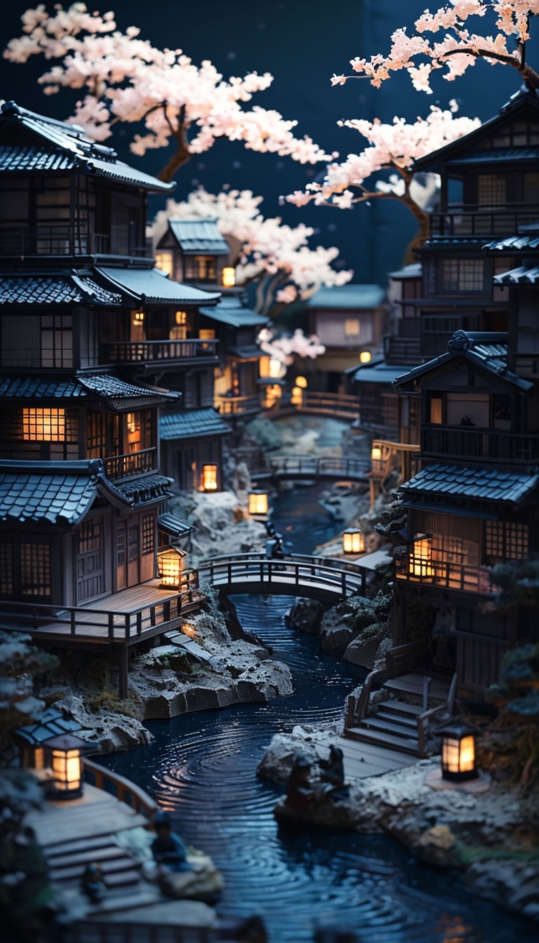 Whimsical Japanese Village Diorama at Night Art