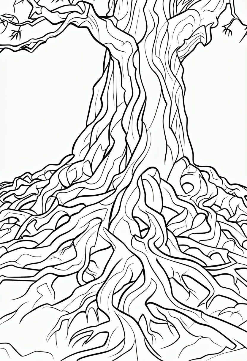 Gnarled Ancient Tree Line Art for Detailed Coloring Book Pages