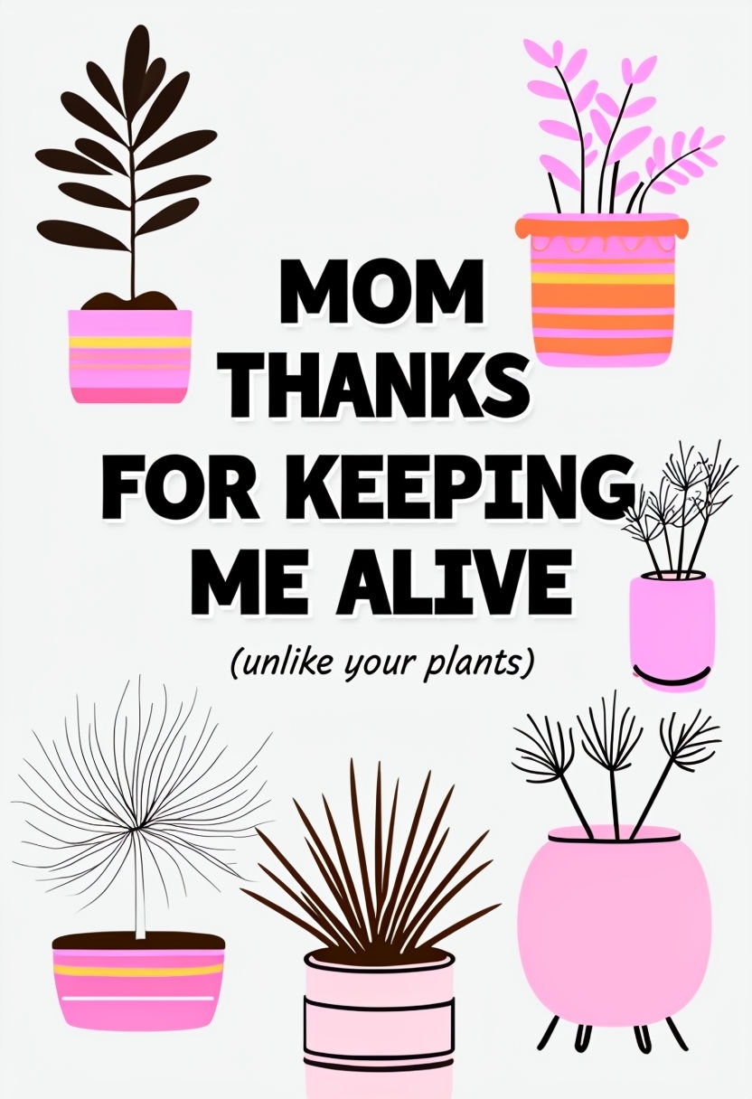 Humorous Mom Thanks for Keeping Me Alive Card with Plants Illustration Cards & Invites