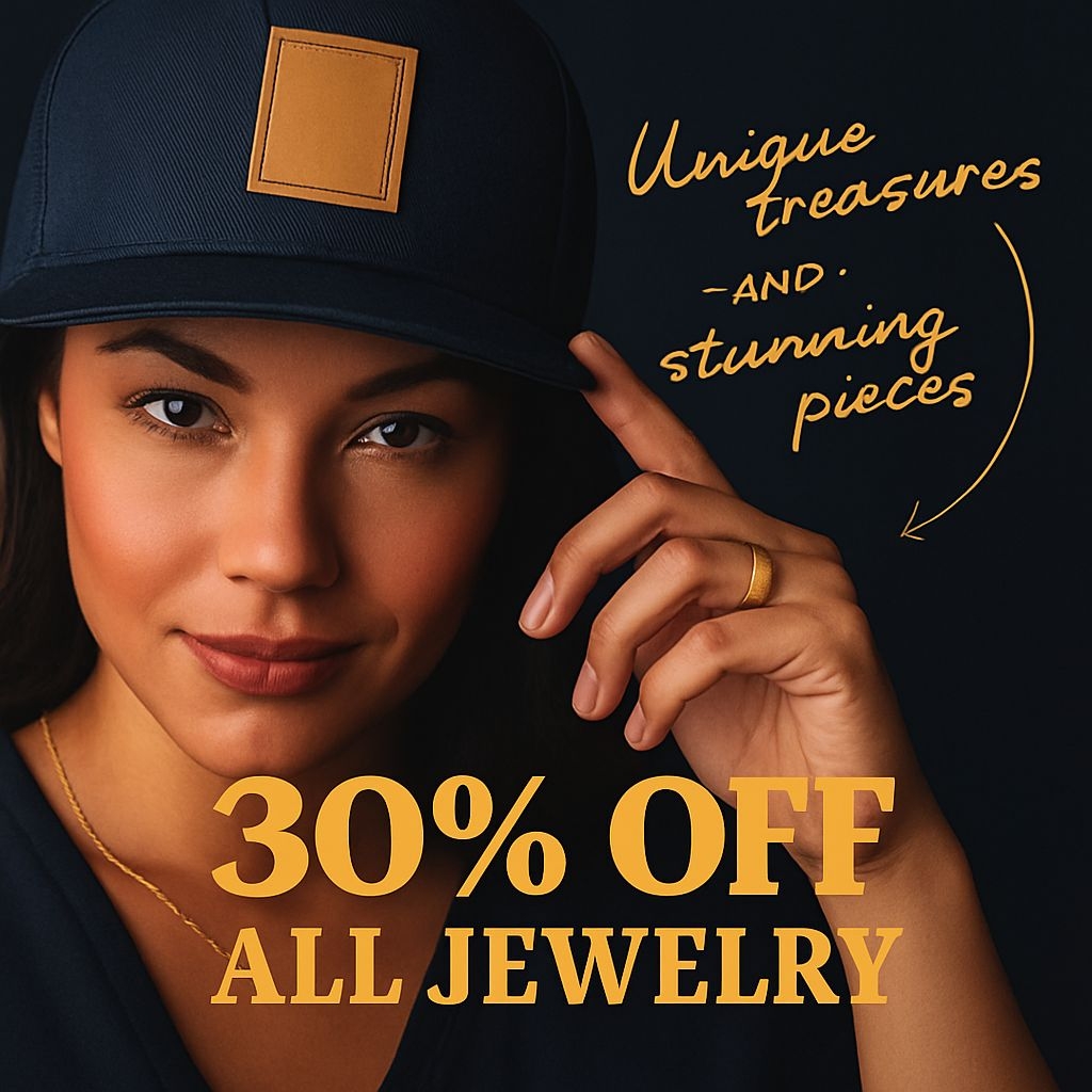 Confident Woman in Stylish Hat Promoting Jewelry Discounts Ads