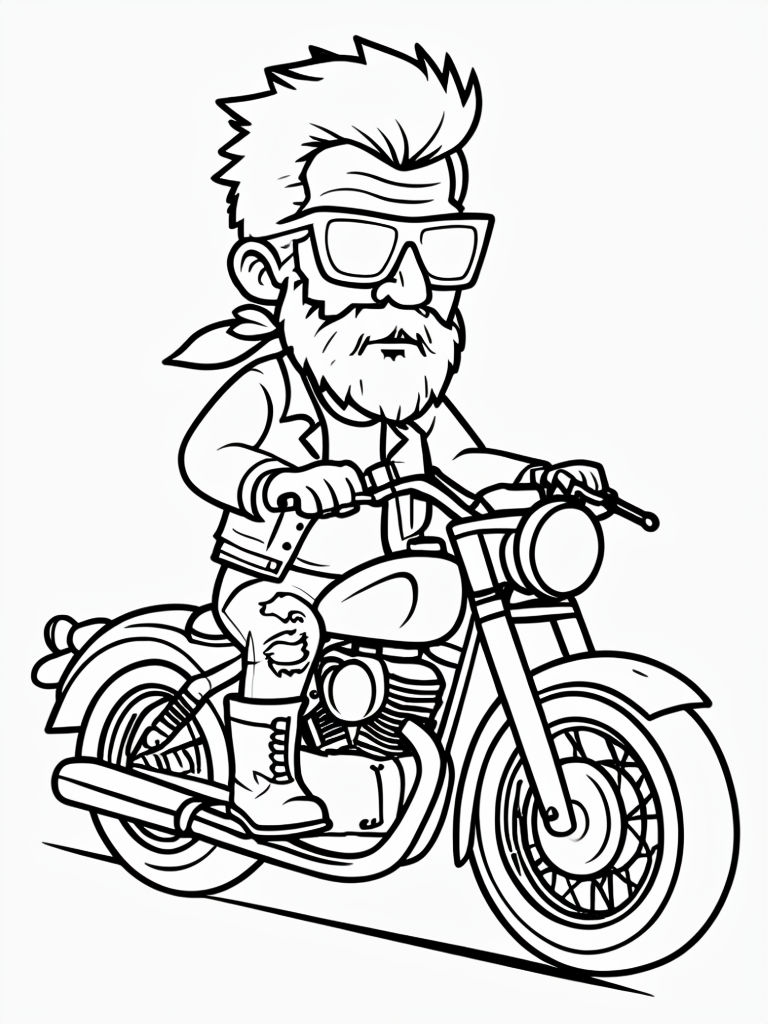 Elderly Man on Classic Motorcycle Cartoon Illustration Coloring Page