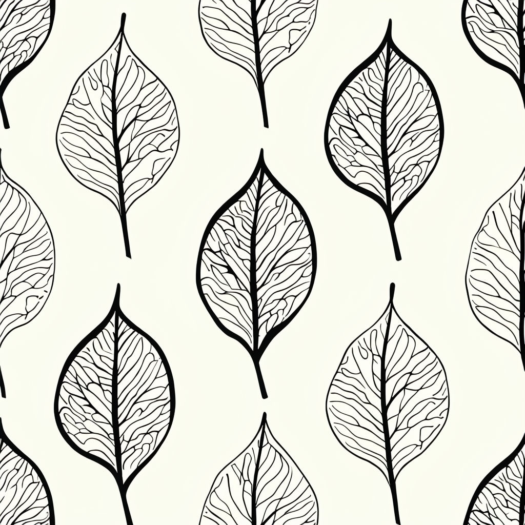Elegant Black Leaf Line Art on Cream Background Seamless Pattern