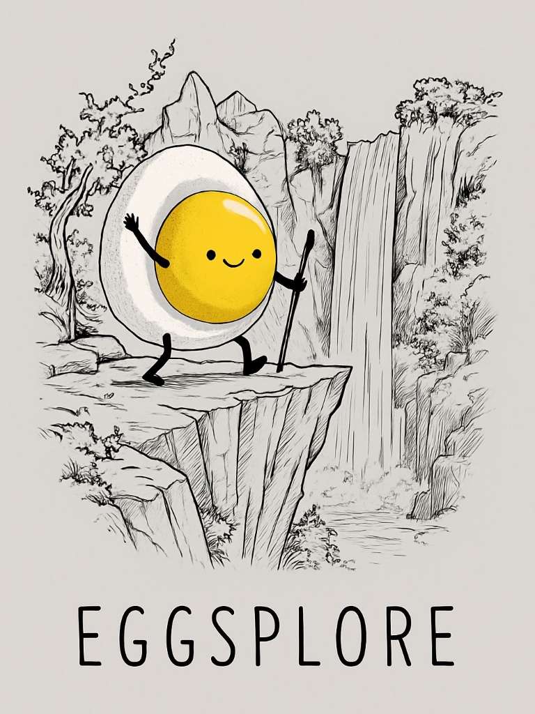 Playful Anthropomorphic Egg Explorer on Cliff Adventure Poster