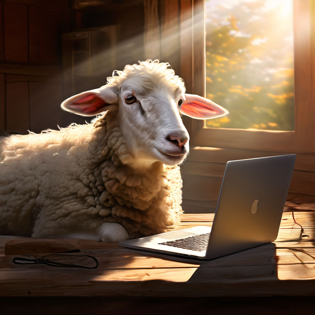 Sheep seated before an open laptop on a rustic wooden table by Khaled ...