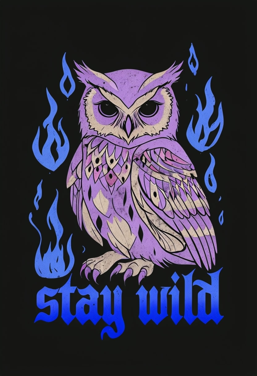 Vintage Purple Owl with Blue Flames and 'Stay Wild' T-Shirt