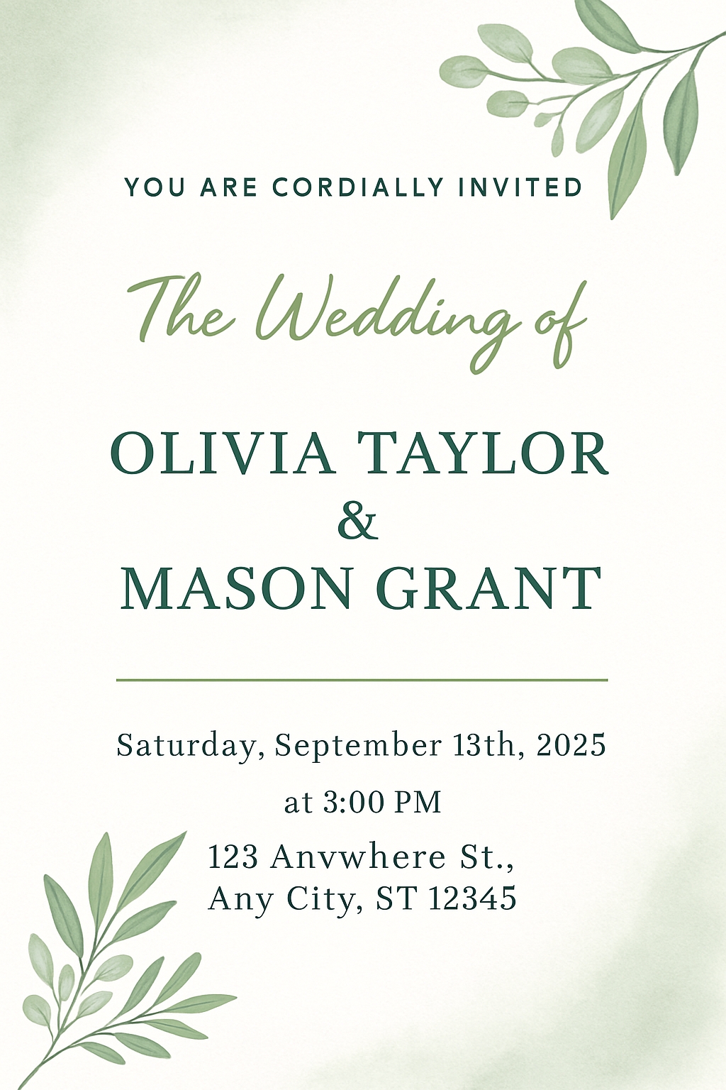 Elegant Minimalist Wedding Invitation Card with Green Accents