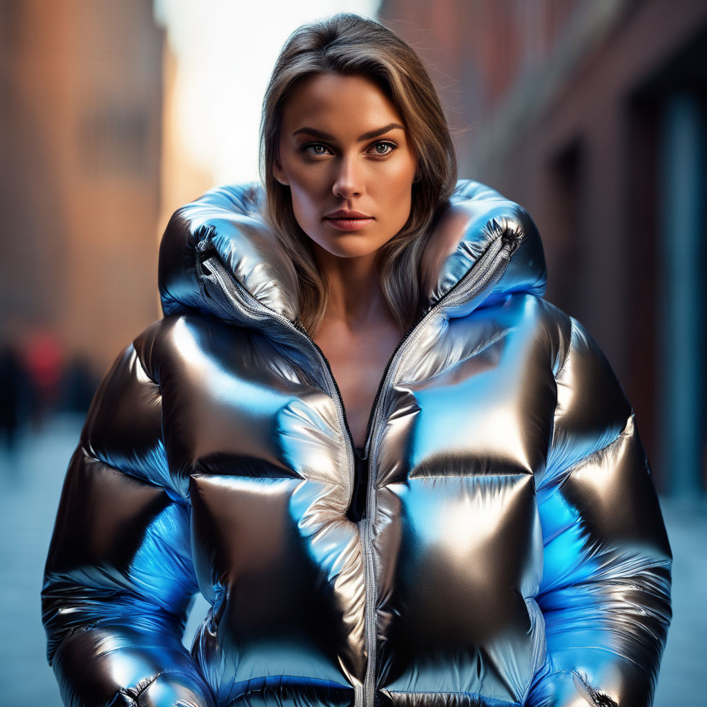 woman wearing a shiny blue puffer jacket