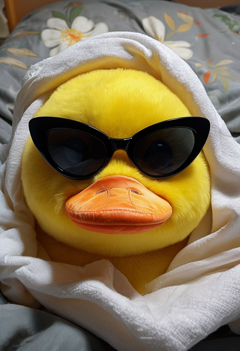 Playful Yellow Plush Duck with Sunglasses Close-Up Art