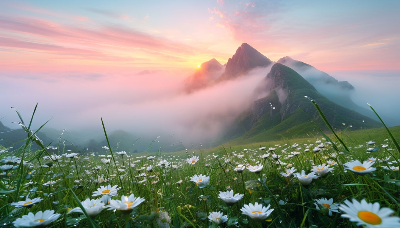 Stunning Sunrise Over Mountain with Daisies Virtual Background