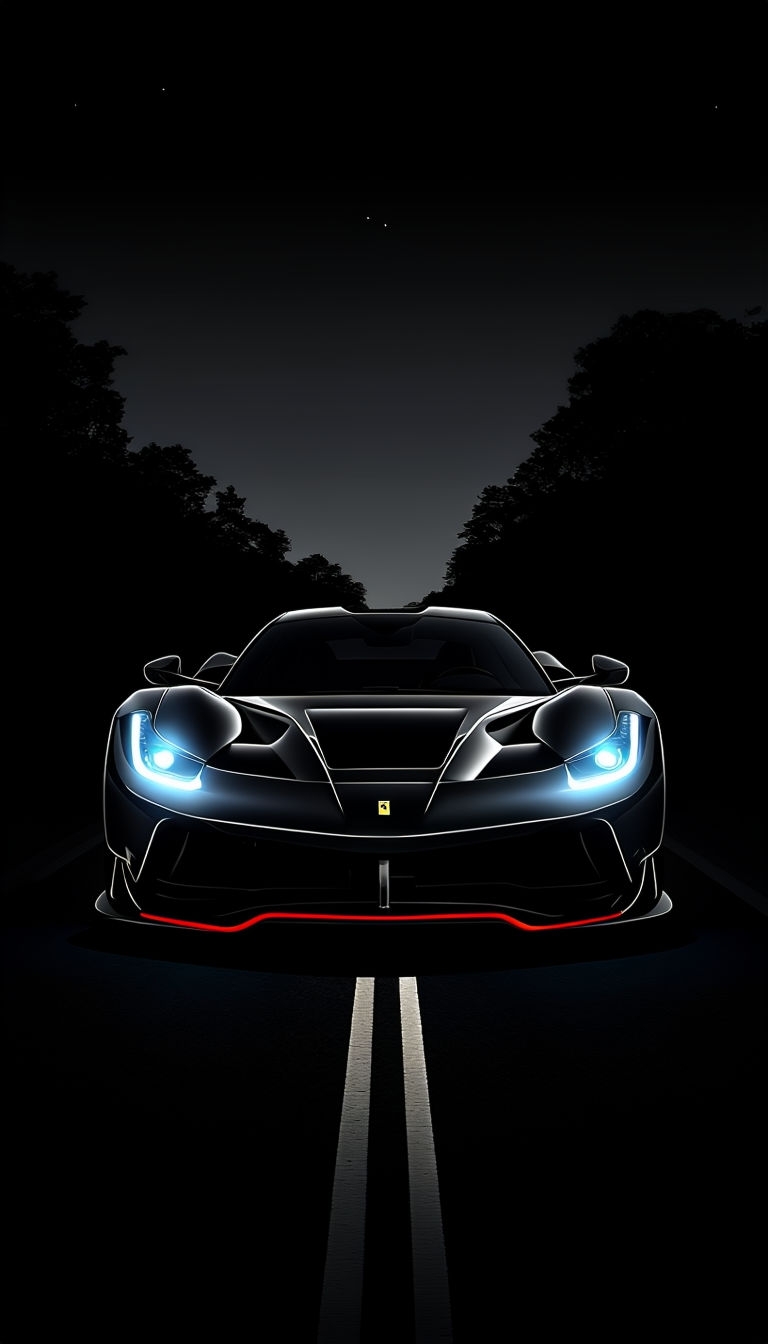 Sleek Black Sports Car on Dark Road at Night Mobile Wallpaper