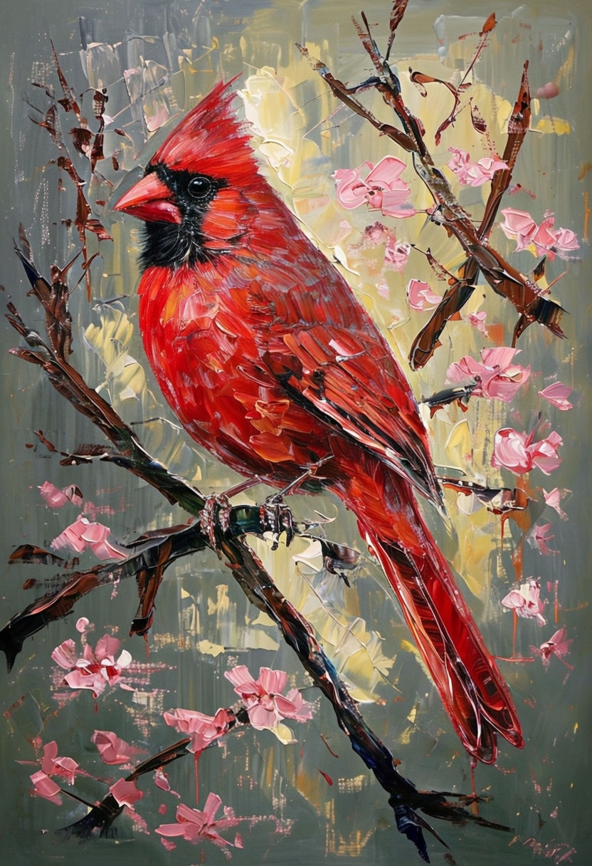 Vibrant Red Cardinal Impressionist Painting by Bon Cloude Art