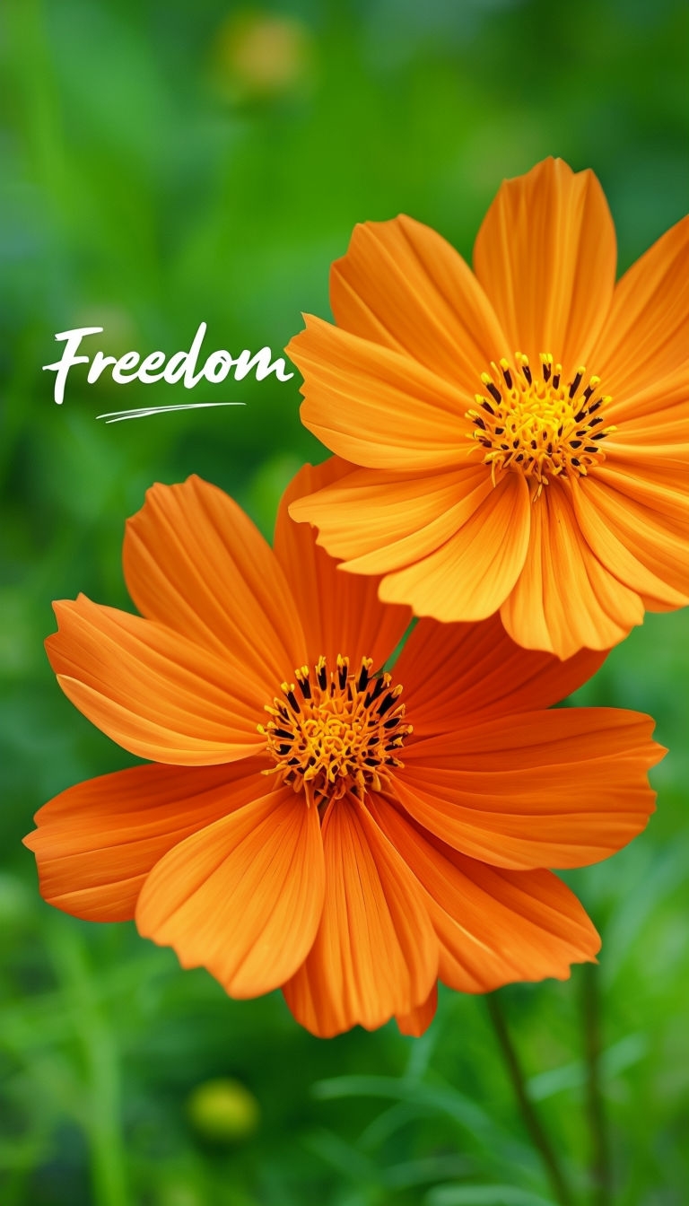 Bright Orange Cosmos Flowers with Inspirational Freedom Text Mobile Wallpaper