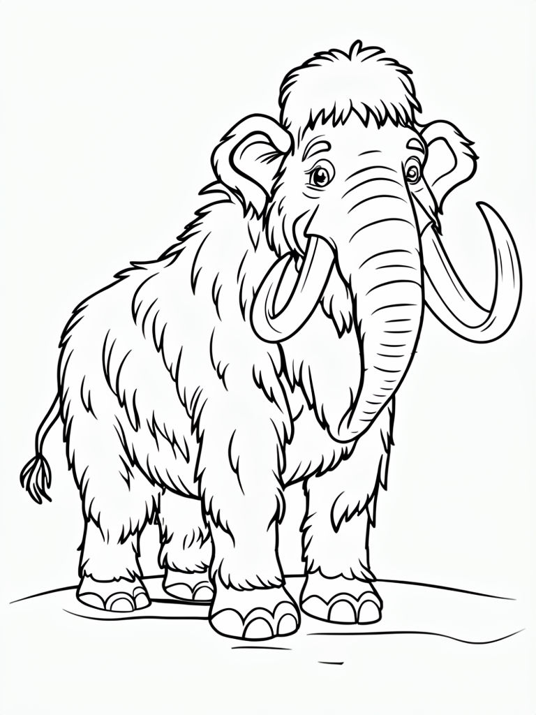 Friendly Woolly Mammoth Cartoon Line Drawing Coloring Page