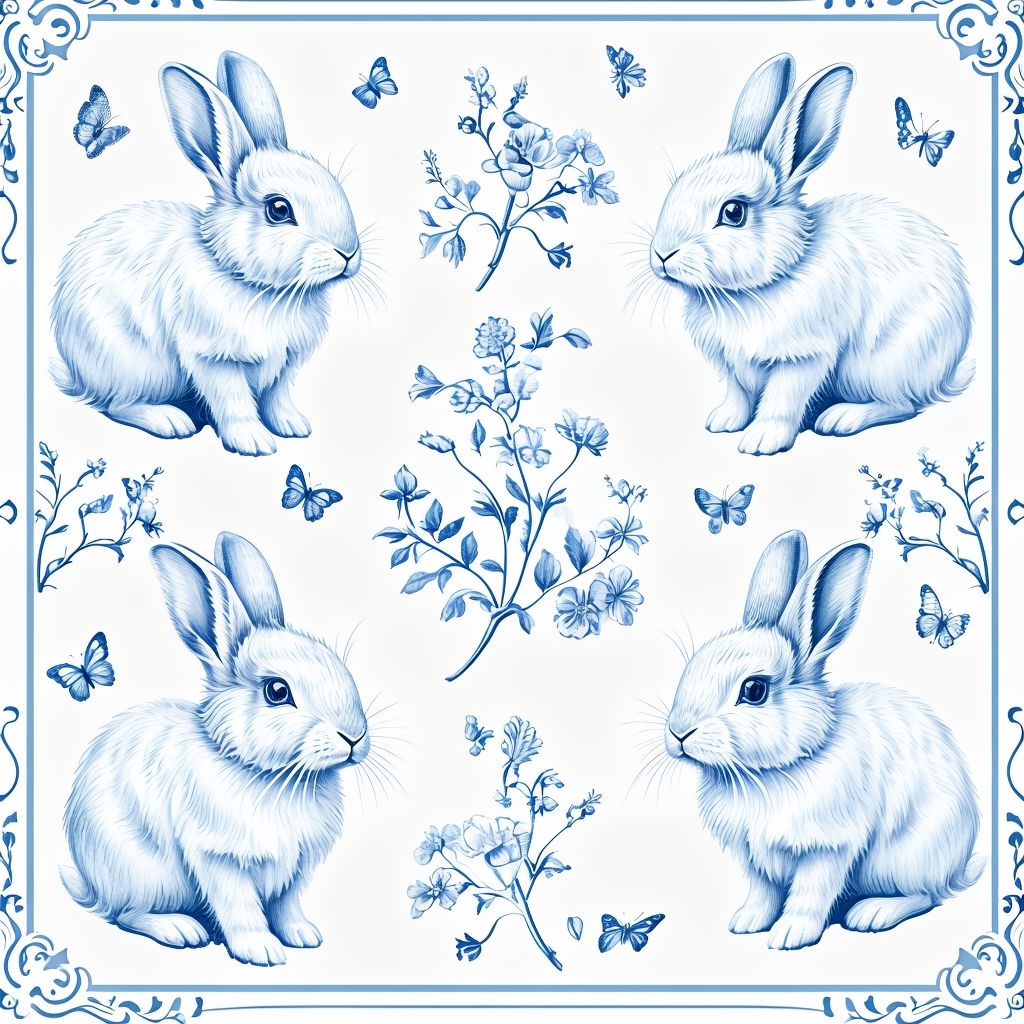 Whimsical Vintage Blue Rabbits and Floral Seamless Pattern