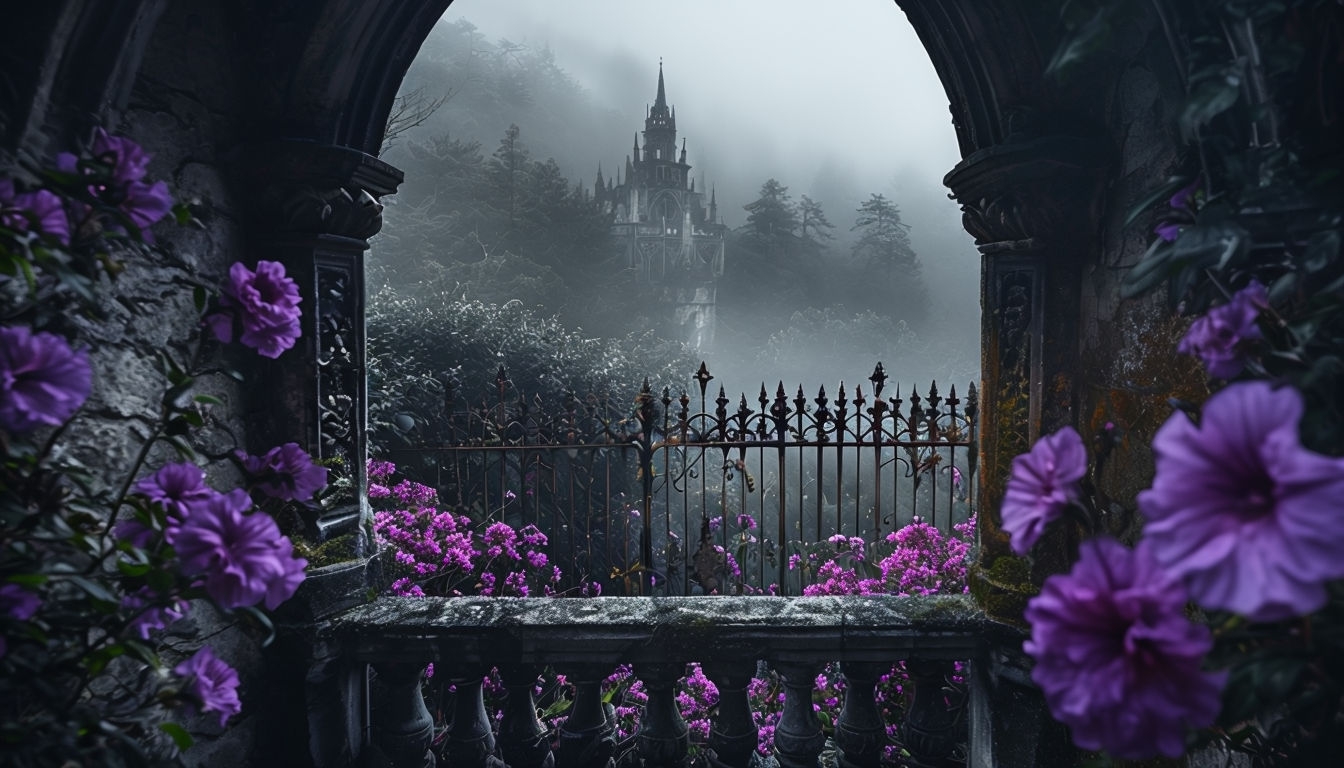 Misty Gothic Terrace with Purple Flowers Virtual Background