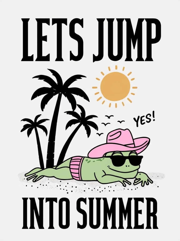 Playful Cartoon Frog on Beach with Summer Vibes Poster