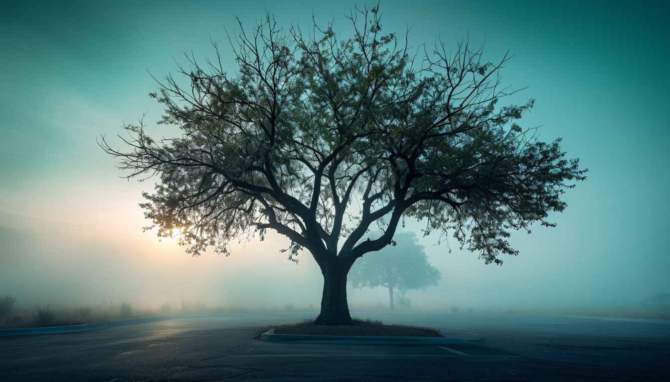 Tranquil Tree Landscape with Misty Background Virtual Backgrounds