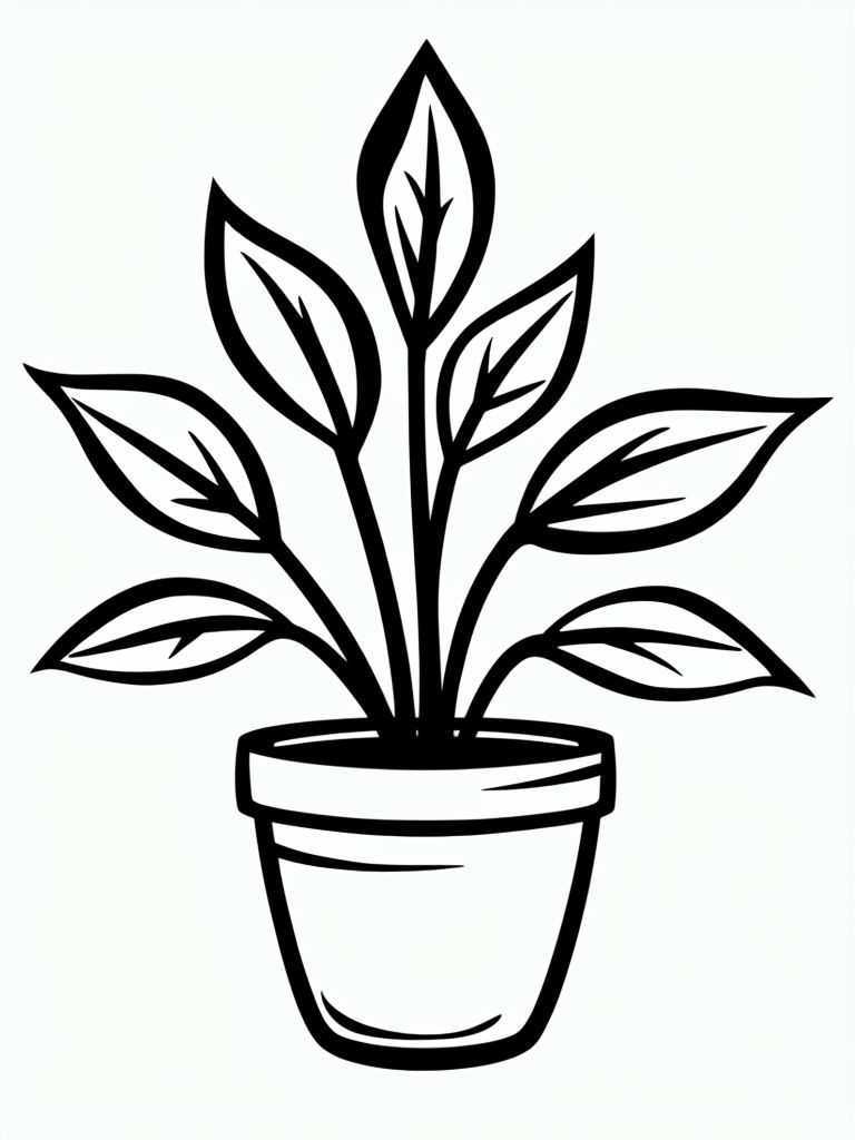 Black and White Minimalist Potted Plant Line Drawing Coloring Book Pages