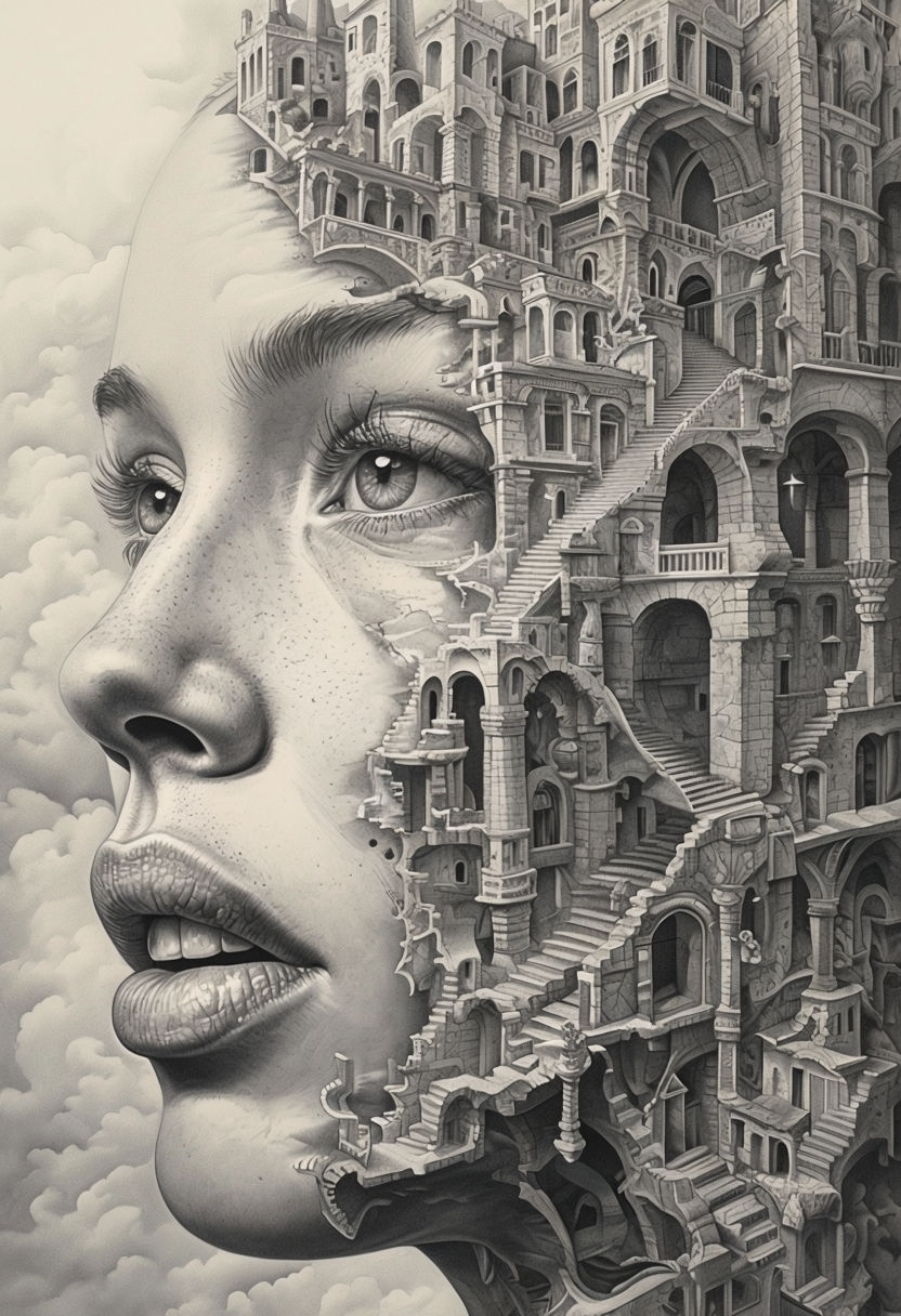 Surreal Grayscale Human Face with Fantasy Architecture Art - Playground