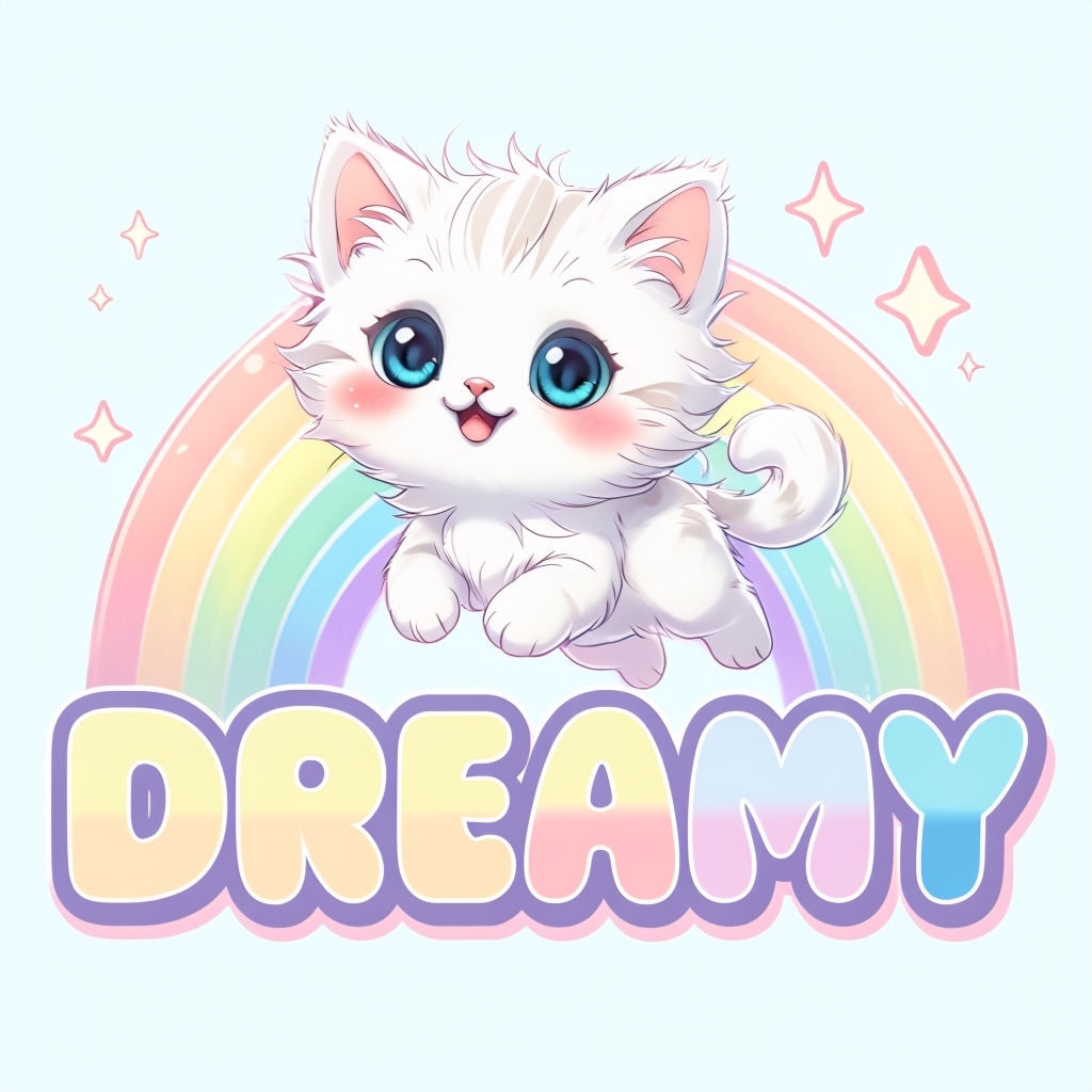 Cute White Kitten with Rainbow and Dreamy Letters T-Shirt