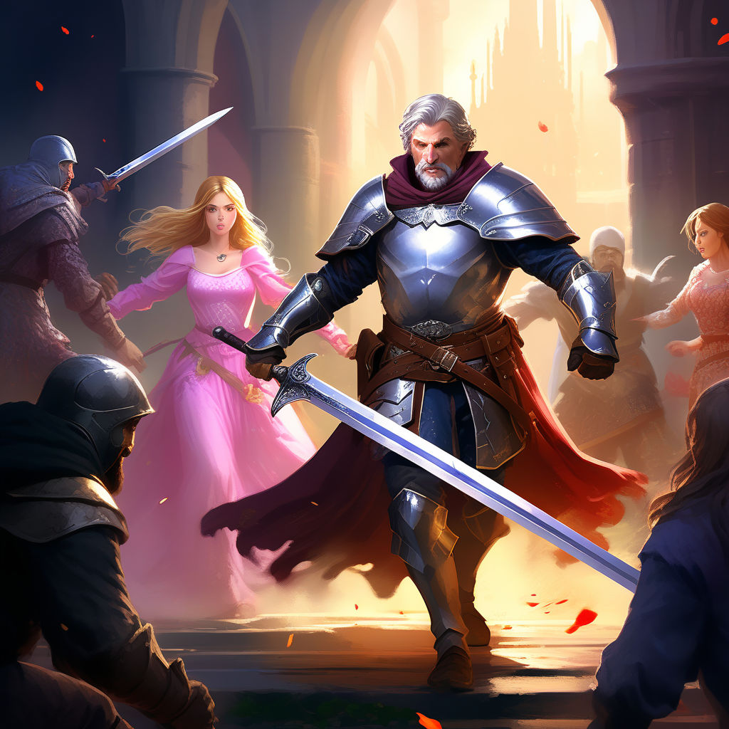 An Older Male Knight With A Sword And Shield Against A Bunch By 