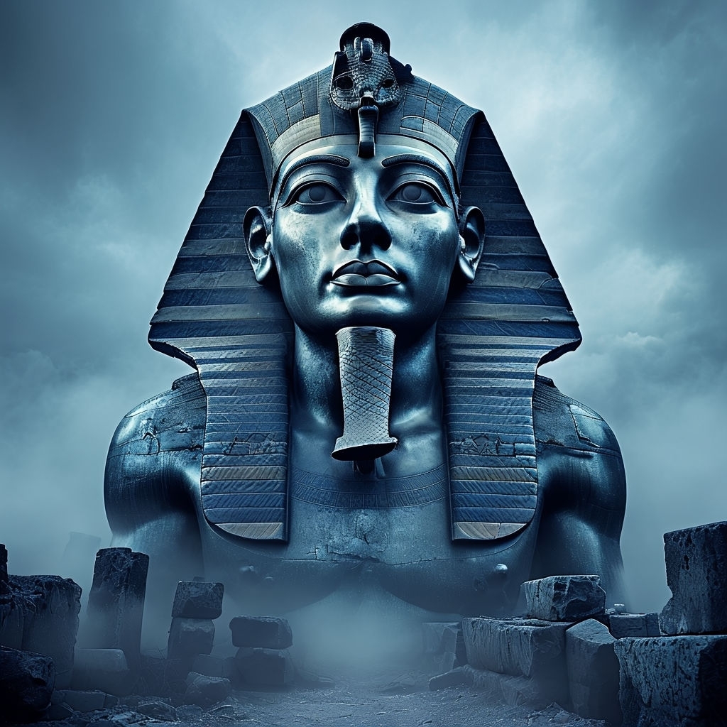 Majestic Pharaoh Ramesses II Statue in Mystical Fog Mobile Wallpaper