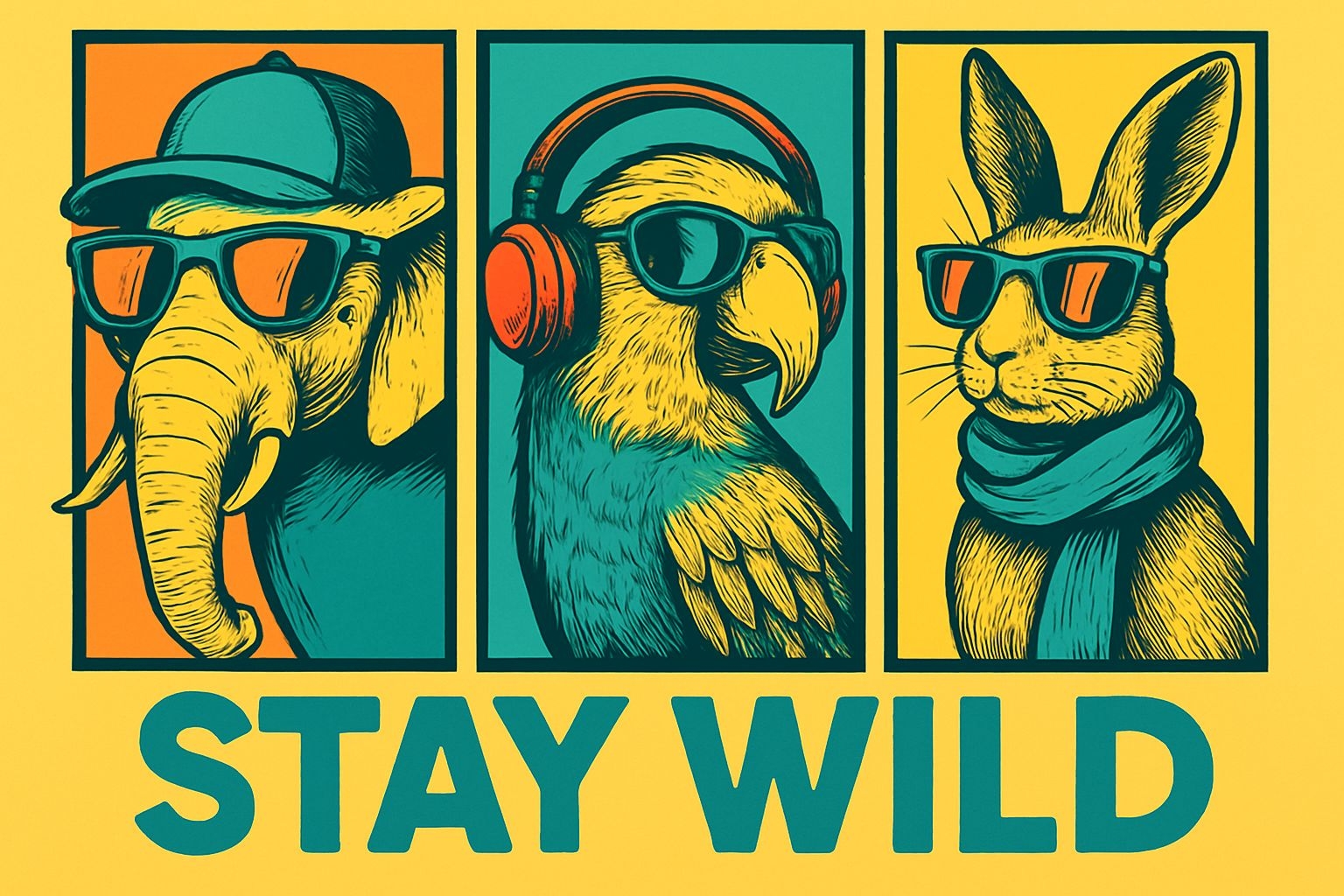 Vibrant Retro Stay Wild Animal Characters T-Shirt