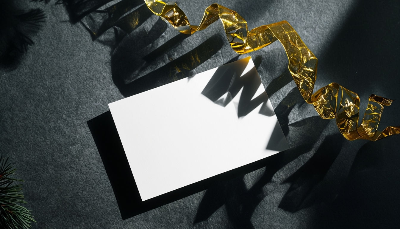 Elegant White Card Mockup with Golden Ribbon and Green Foliage Mockup