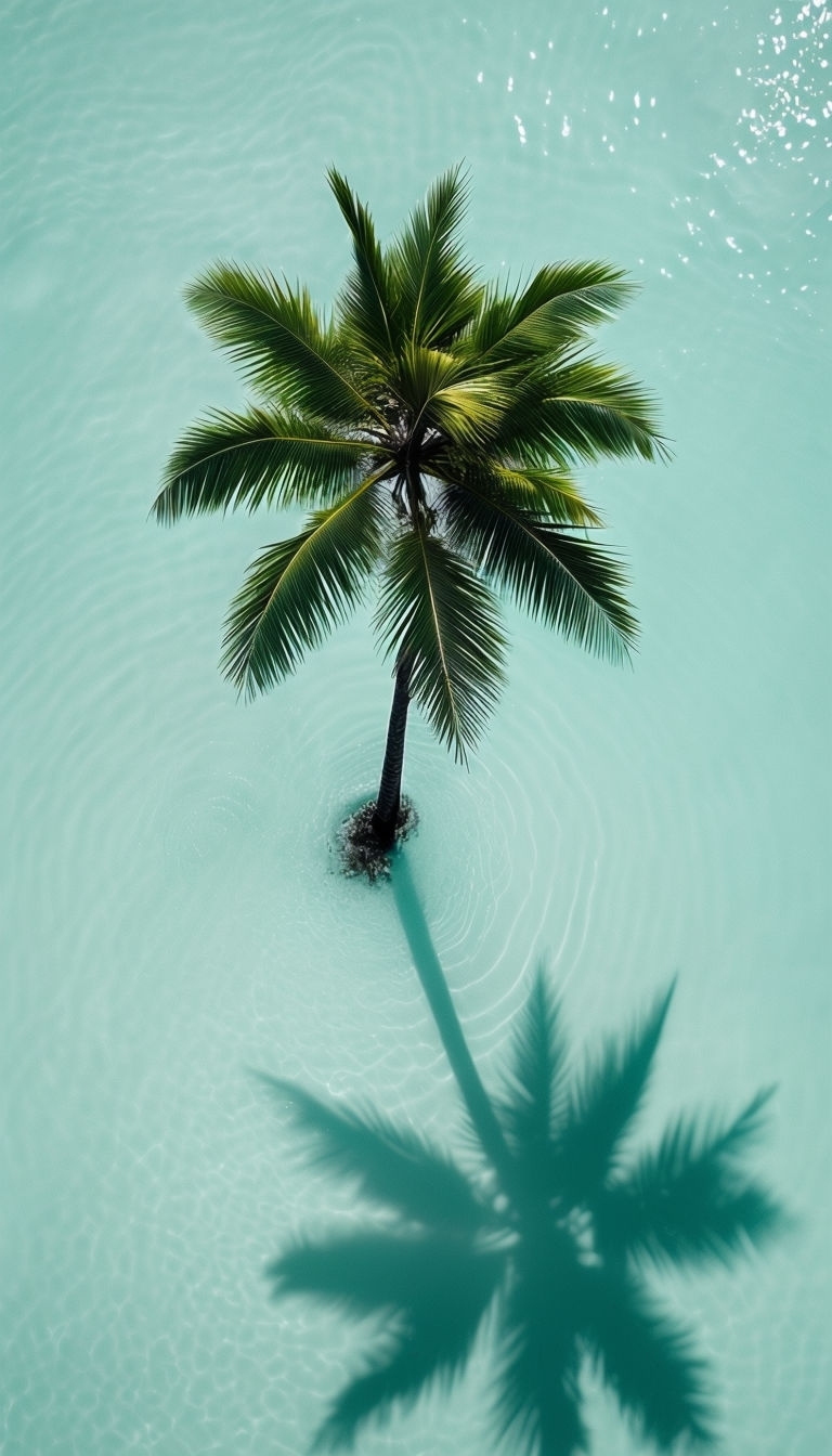 Serene Aerial View of Palm Tree in Turquoise Water Mobile Wallpaper